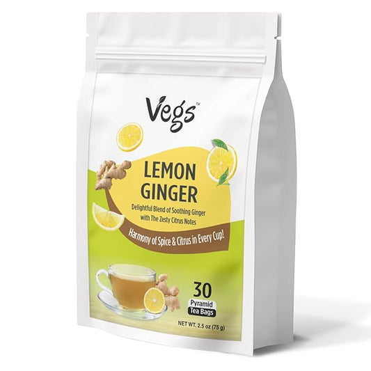 VEGS Lemon Ginger Tea, 2.5g x 30 Pyramid Tea Bags by VegsWellness