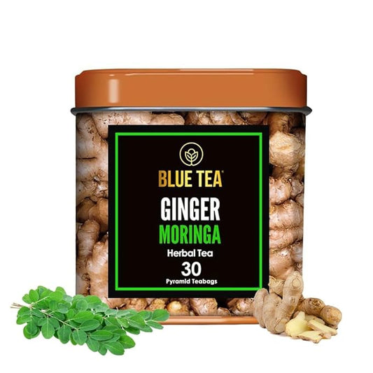 BLUE TEA - Ginger Moringa Tea - 30 Count - Pyramid Plant Based Tea Bags | by BLUETEA
