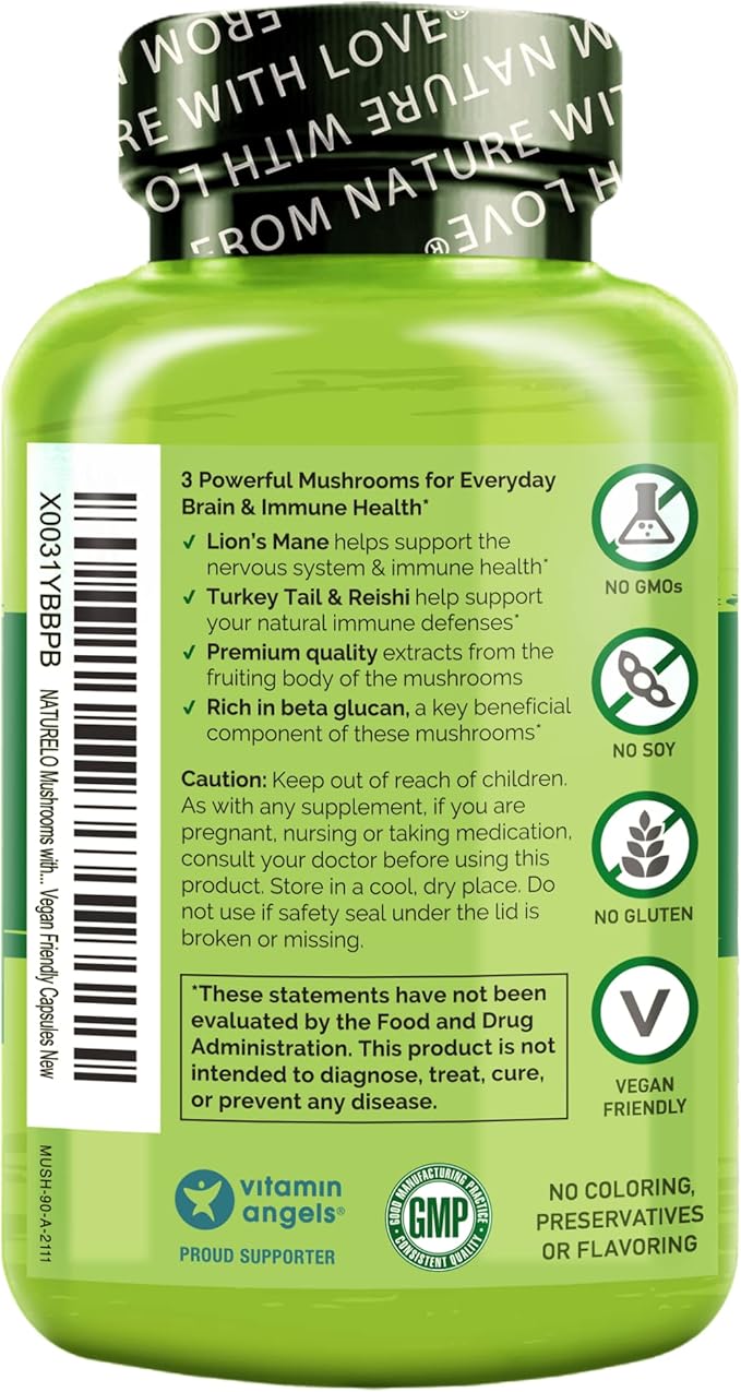NATURELO Mushroom Supplement Capsules, 90 Ct, Brain & Immune Support, - Image 2