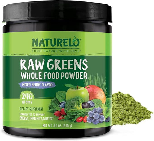 NATURELO Raw Greens Superfood Powder 240 Grams, Mixed Berry by NATURELO
