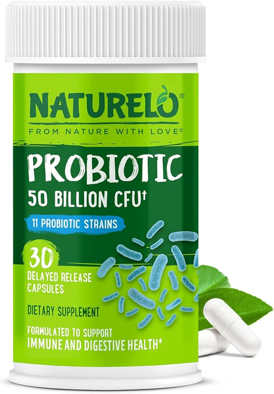 NATURELO Probiotics for Digestive Health, 50 Billion CFU, 30 Vegetarian Capsules by NATURELO