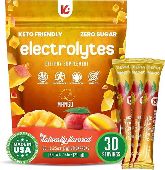 Keppi Electrolytes Powder Packets – Mango Flavor 30 Servings – No Sugar by Keppi