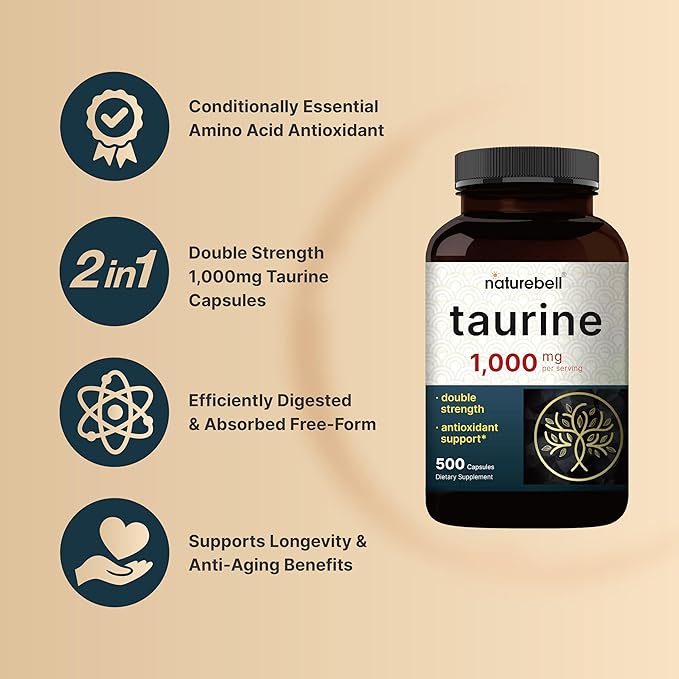 NatureBell Taurine 1, 000mg Per Serving, 500 Capsules | Essential Amino Acids - Image 3