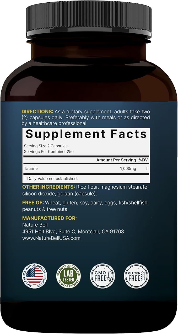 NatureBell Taurine 1, 000mg Per Serving, 500 Capsules | Essential Amino Acids - Image 7