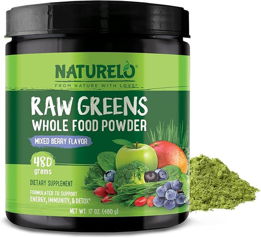 NATURELO Raw Greens Superfood Powder 480 Grams, Mixed Berry by NATURELO
