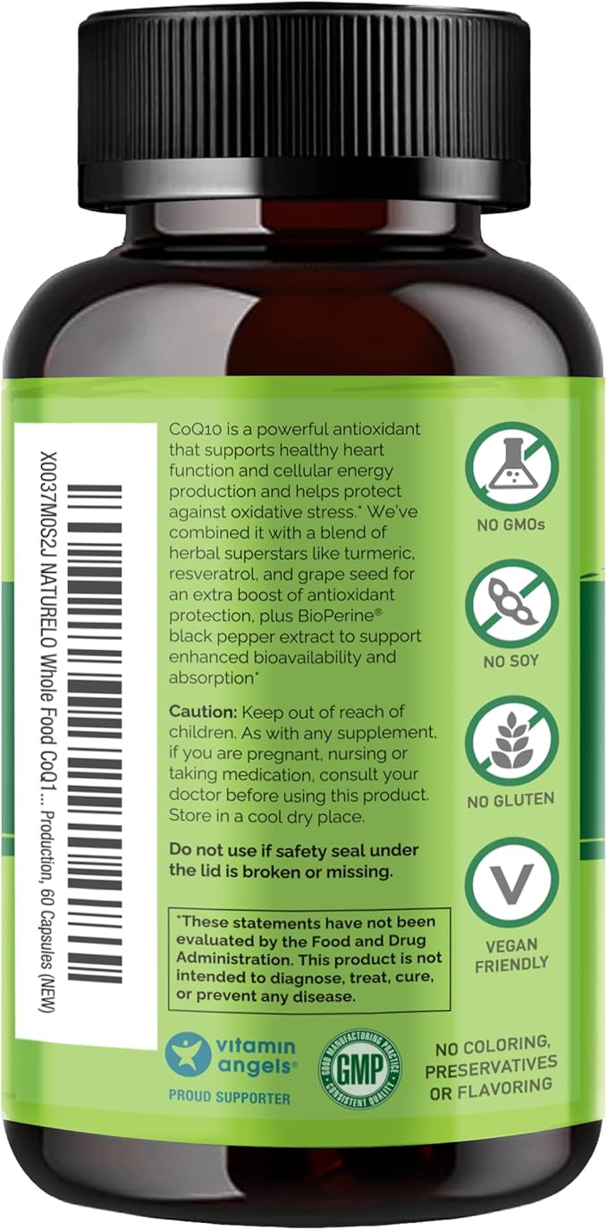 NATURELO Whole Food CoQ10 Supplement, 60 Veg Capsules, Heart Health Blend - Image 2