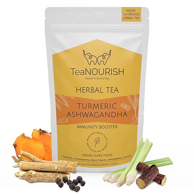 TeaNOURISH Turmeric Ashwagandha Herbal Tea | CAFFEINE-FREE | Indian Superfoods by TeaNOURISH