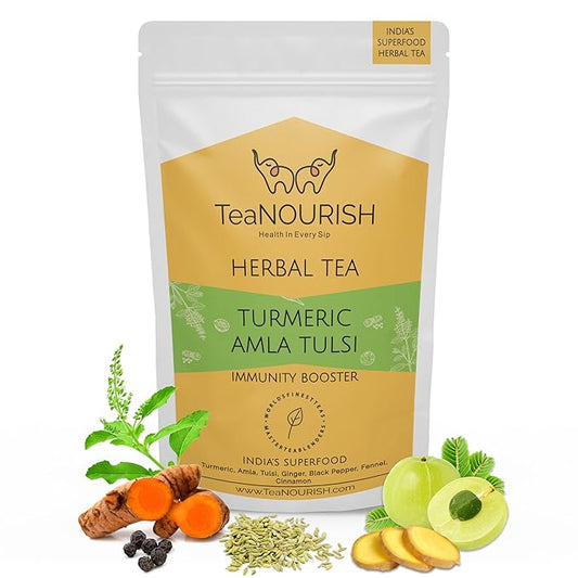 TeaNOURISH Turmeric Amla Tulsi Herbal Tea | CAFFEINE-FREE | Blended by TeaNOURISH