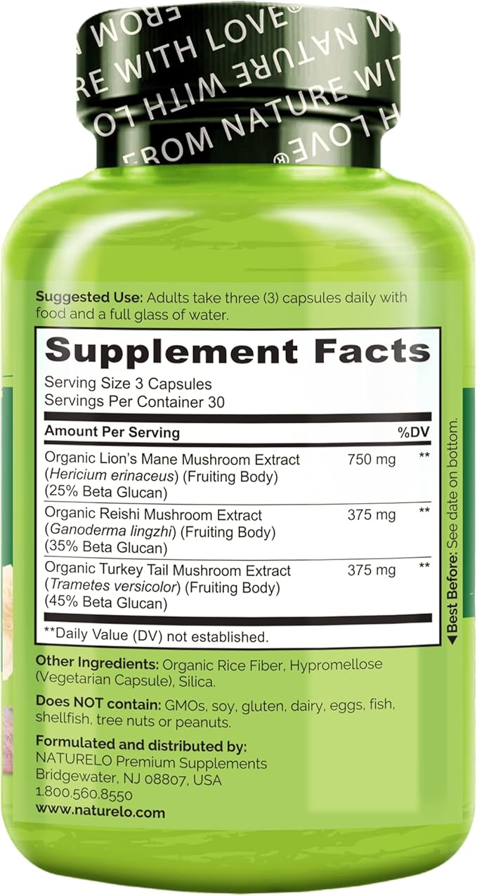 NATURELO Mushroom Supplement Capsules, 90 Ct, Brain & Immune Support, - Image 3