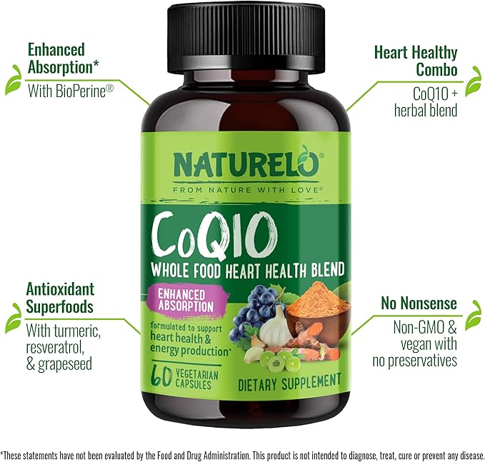 NATURELO Whole Food CoQ10 Supplement, 60 Veg Capsules, Heart Health Blend - Image 4