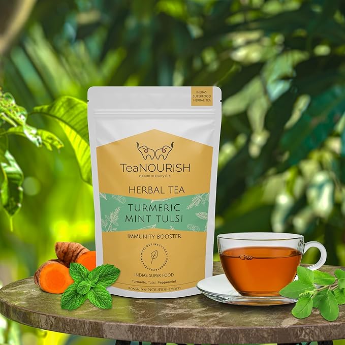 TeaNOURISH Turmeric Mint Tulsi Herbal Tea | Indian Superfoods | Blend of - Image 4