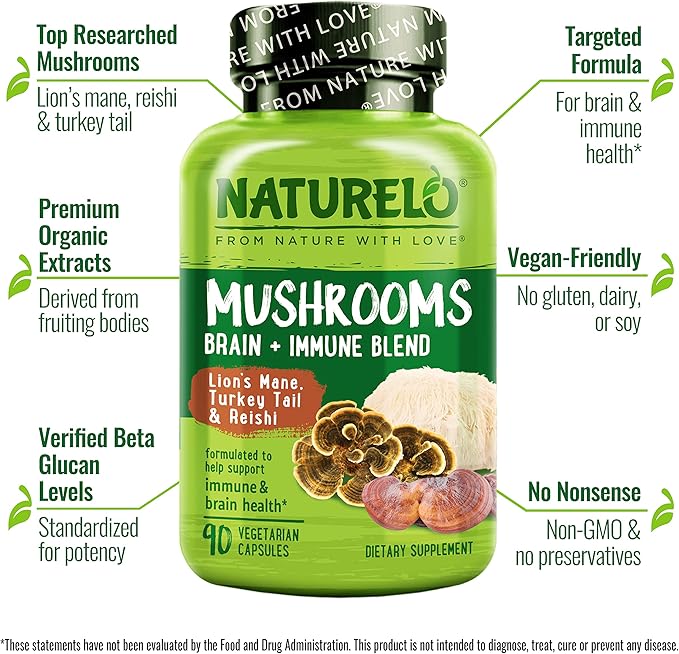 NATURELO Mushroom Supplement Capsules, 90 Ct, Brain & Immune Support, - Image 4