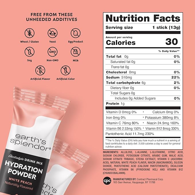 Earth's Splendor Electrolytes Powder Packets Sugar Free White Peach Hydration - Image 2
