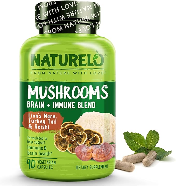 NATURELO Mushroom Supplement Capsules, 90 Ct, Brain & Immune Support, by NATURELO