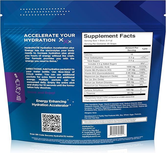 HydroMATE Electrolytes Powder Drink Mix Packets Hydration Accelerator Low Sugar - Image 3